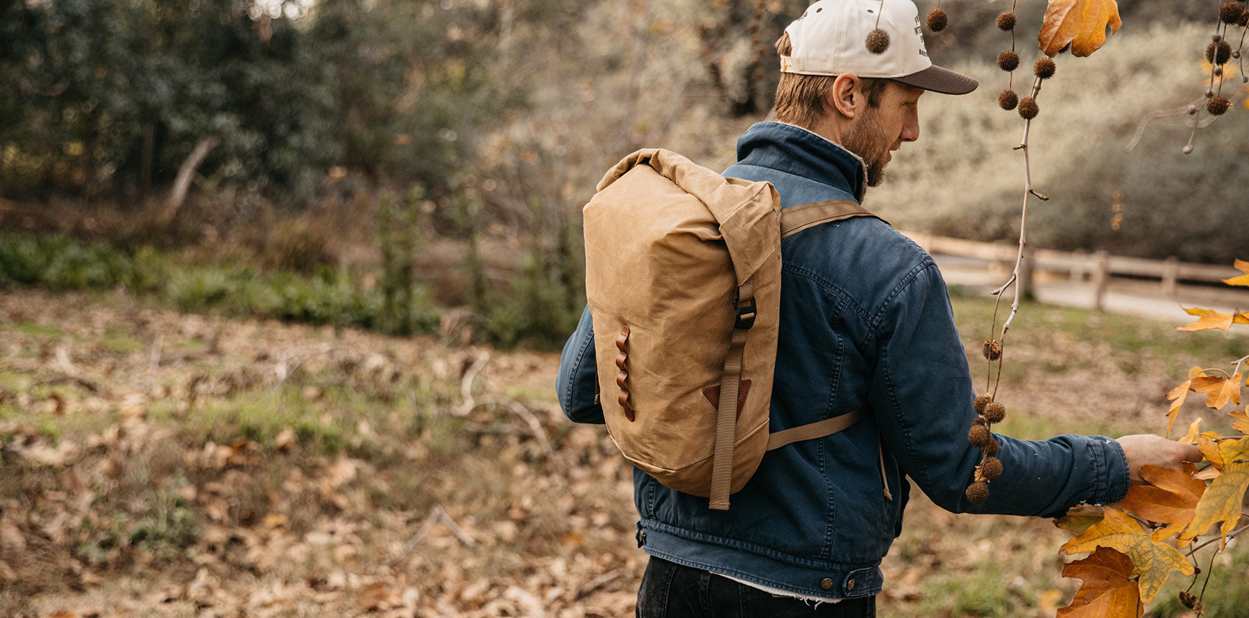 Man touching falling autumn leaves wearing a tan canvas backpack.