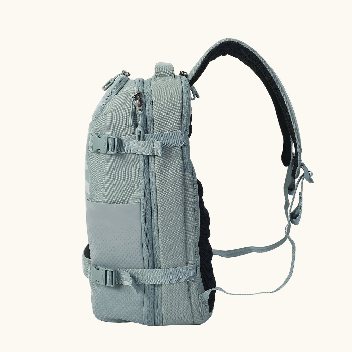 Light blue backpack with shoulder strap on white background