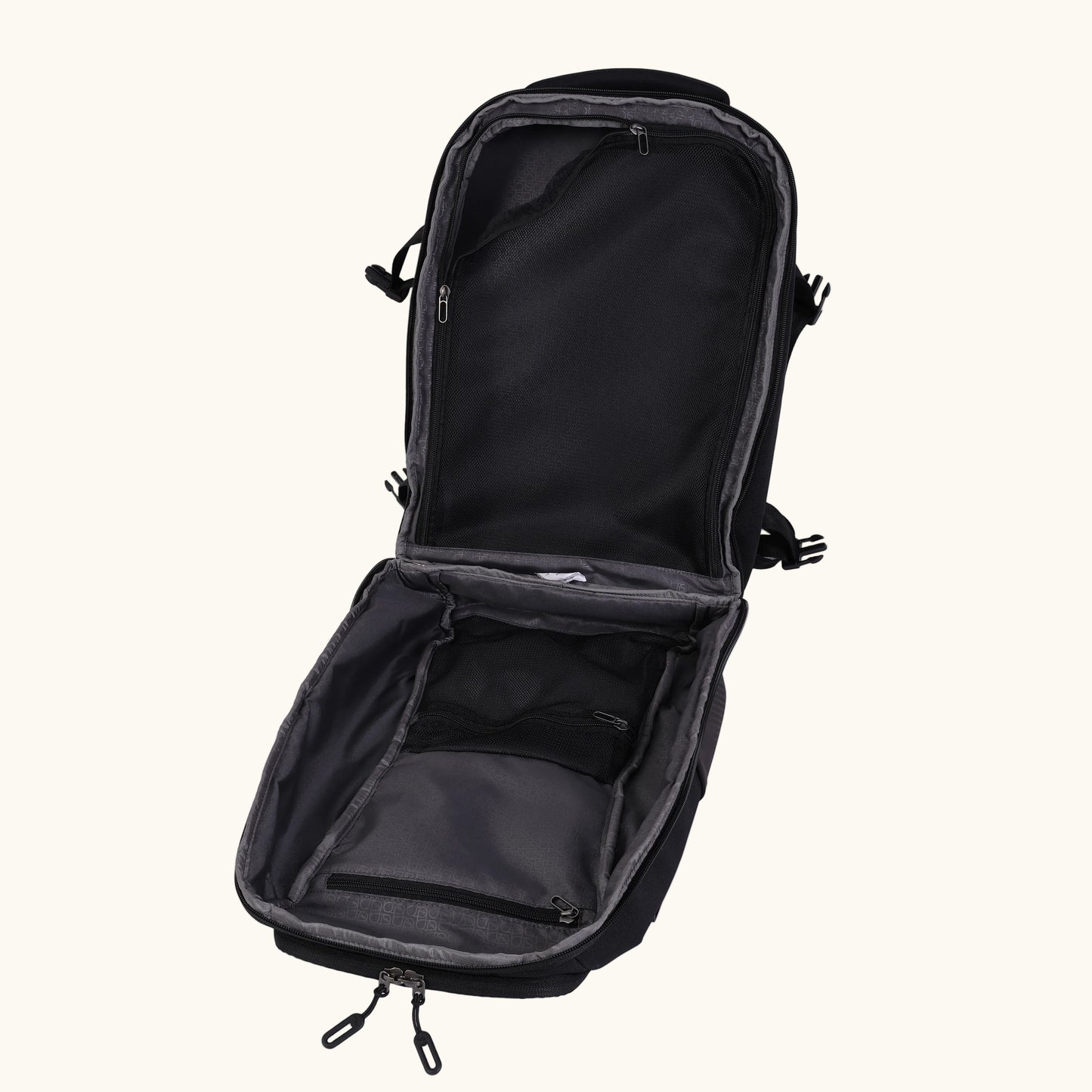 Black backpack with compartments on a white background