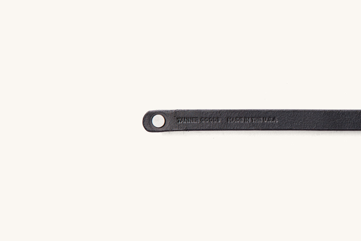 Tanner Goods and Made in the USA monograms on underside of leather wristband.
