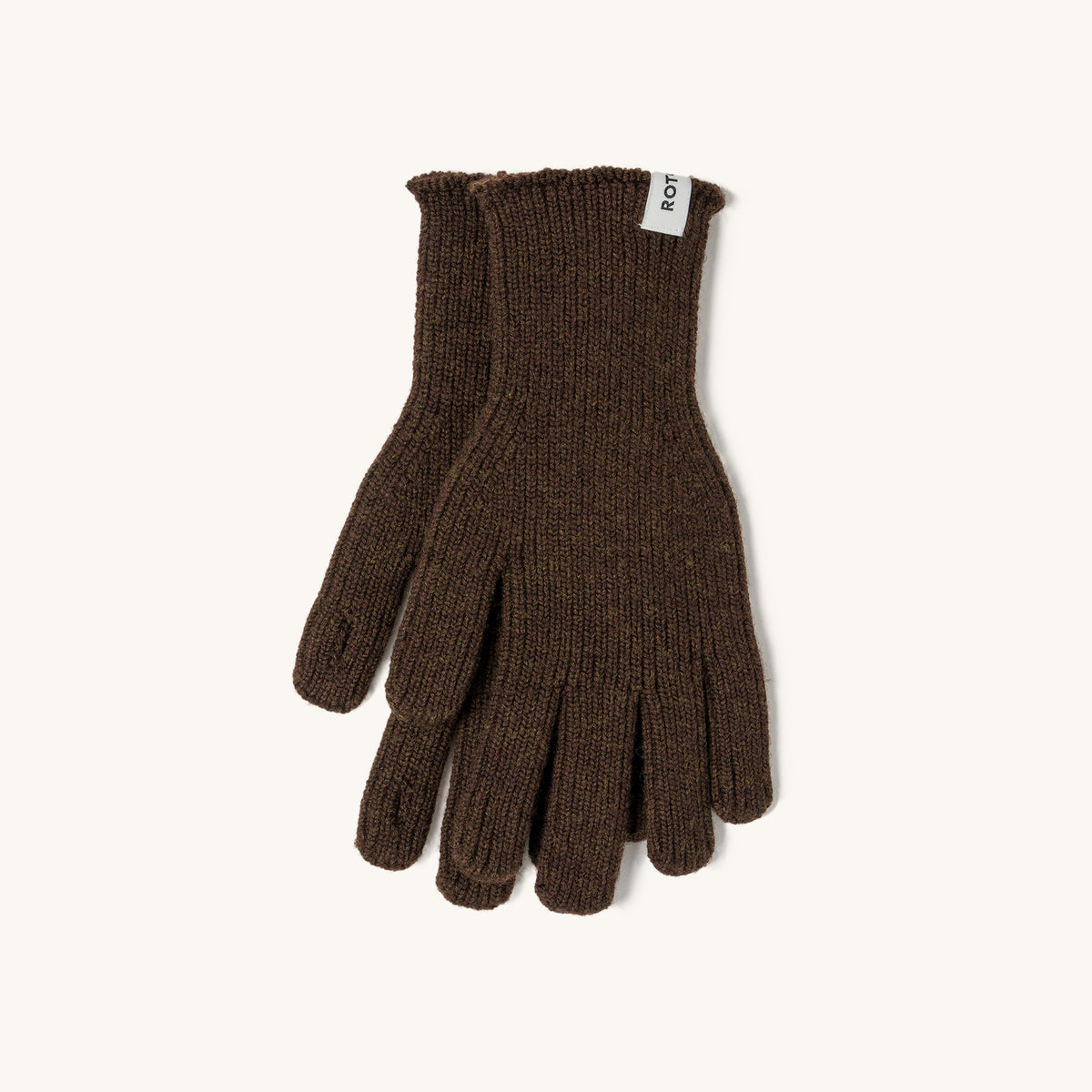 Brown merino knit touch gloves with ribbed cuffs and a white brand tag, laid flat on a light background.