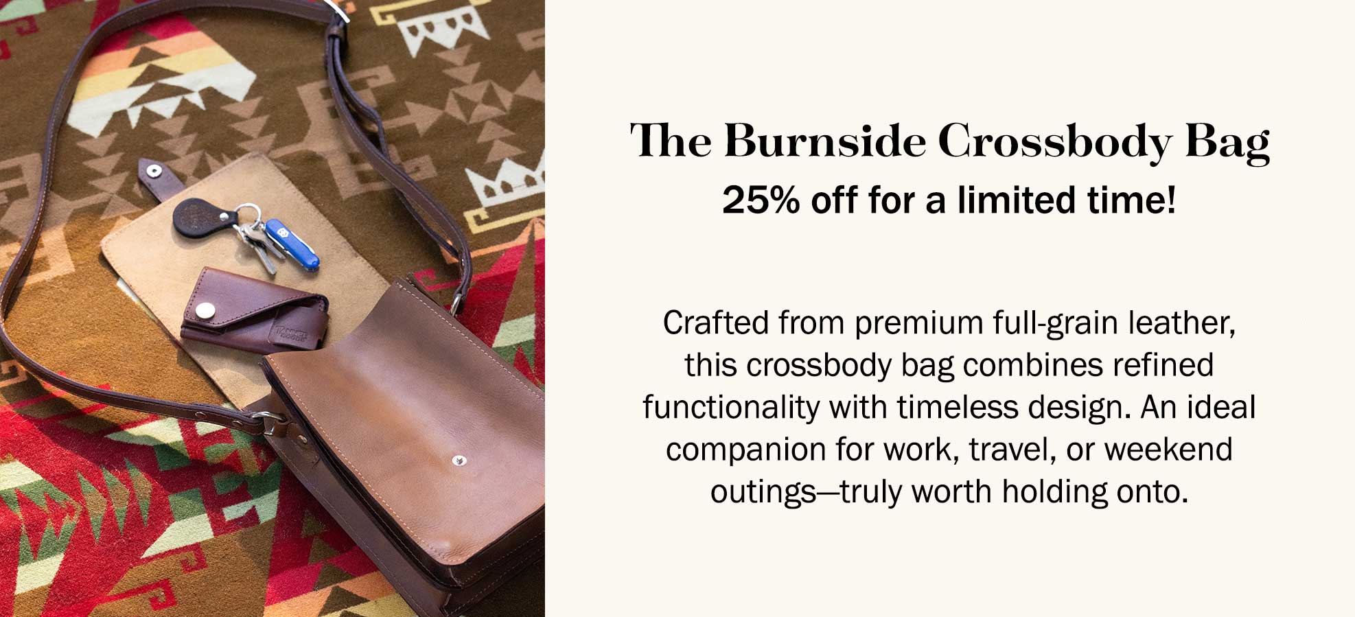 Promotional image of leather crossbody bag offering 25% off for a limited time